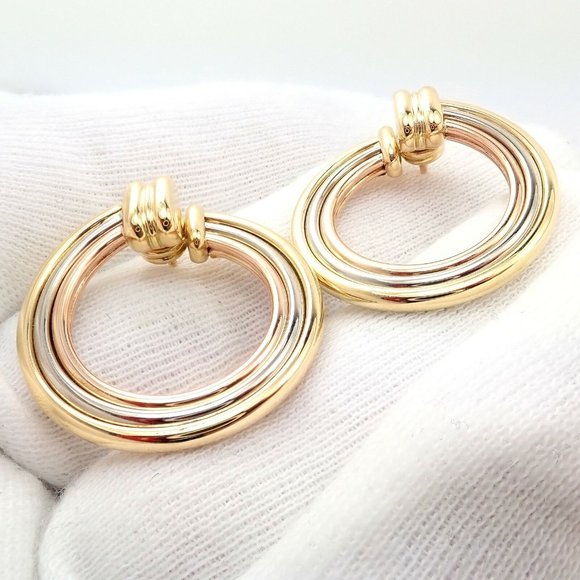 Authentic! Cartier 18k Tri-Color Gold Large Trinity Hoop Earrings - Picture 11 of 12